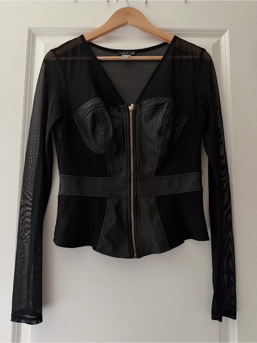 Venus Faux Leather and Mesh Corset Top Black Size Medium